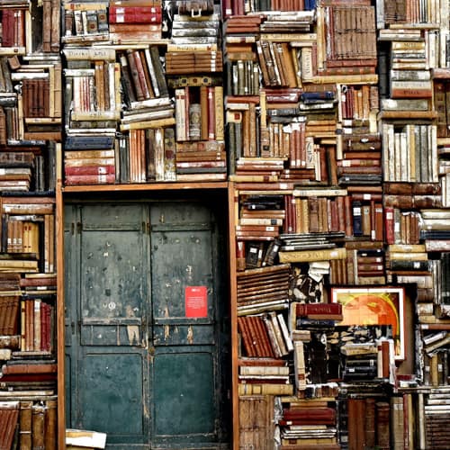 דלת מוקפת בקיר ספרים